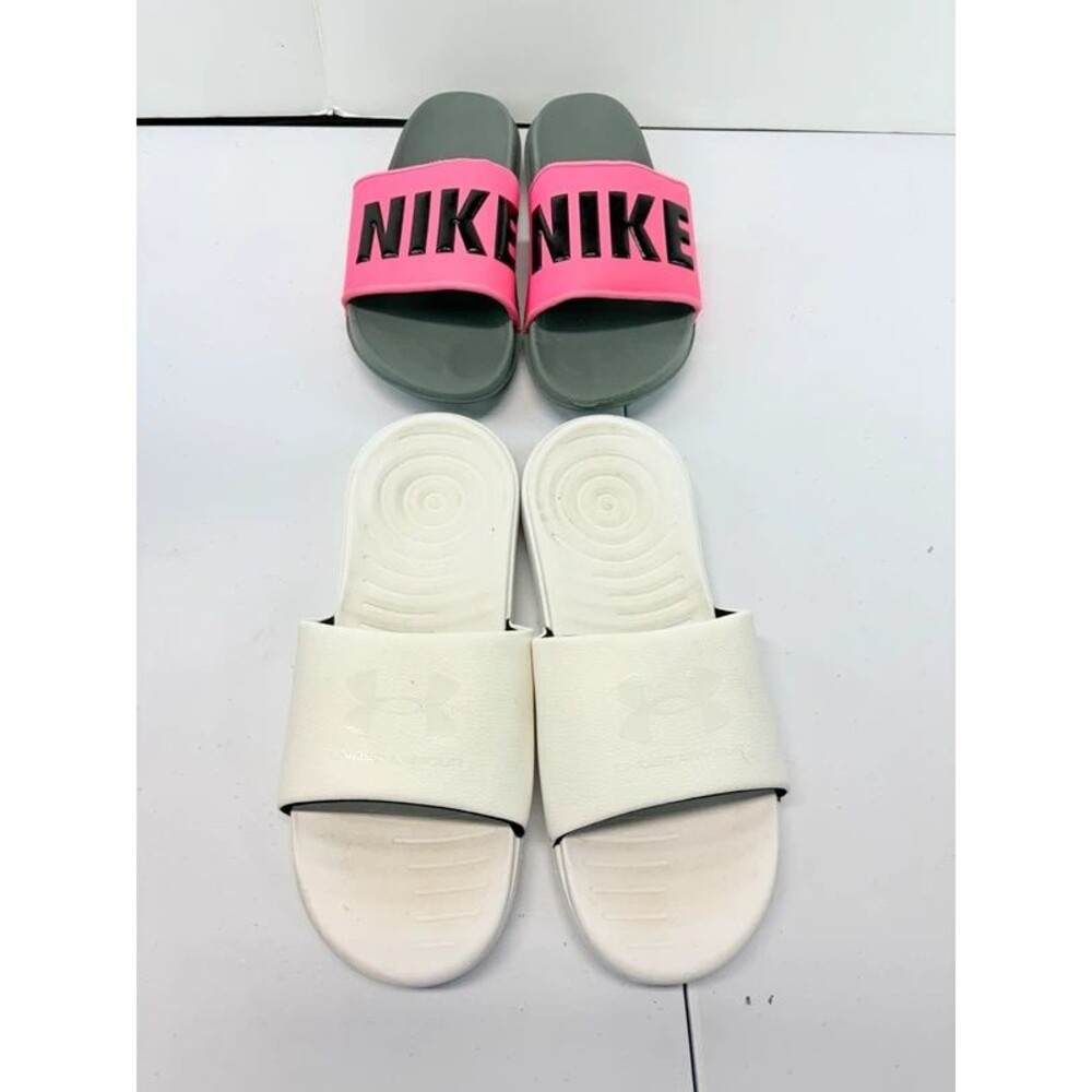 Lot of 2 Slide Sandals Nike Pink & Under Armour White Womens Size 10